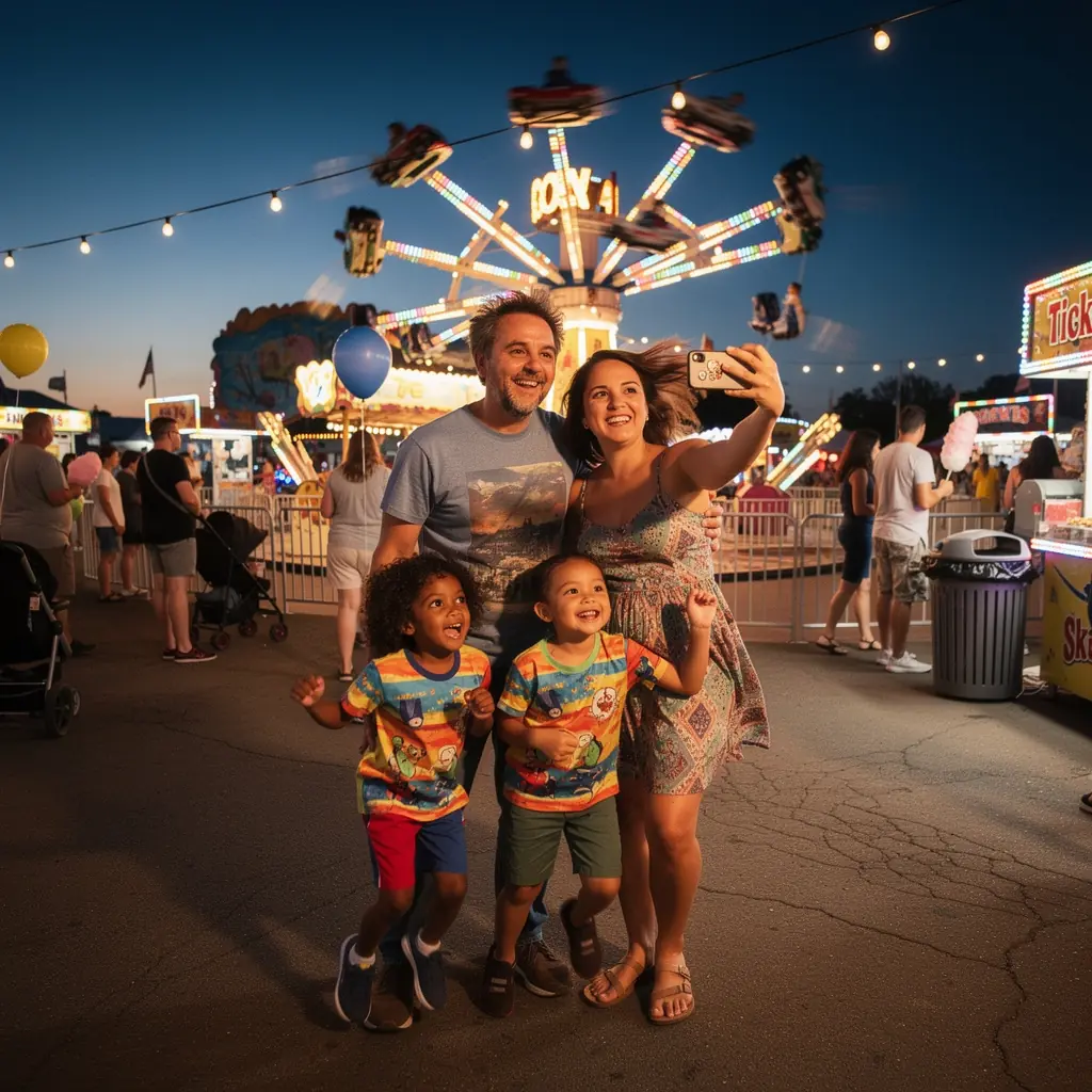 Rodzice bawiący się z dziećmi na plaży, z widocznymi udogodnieniami.