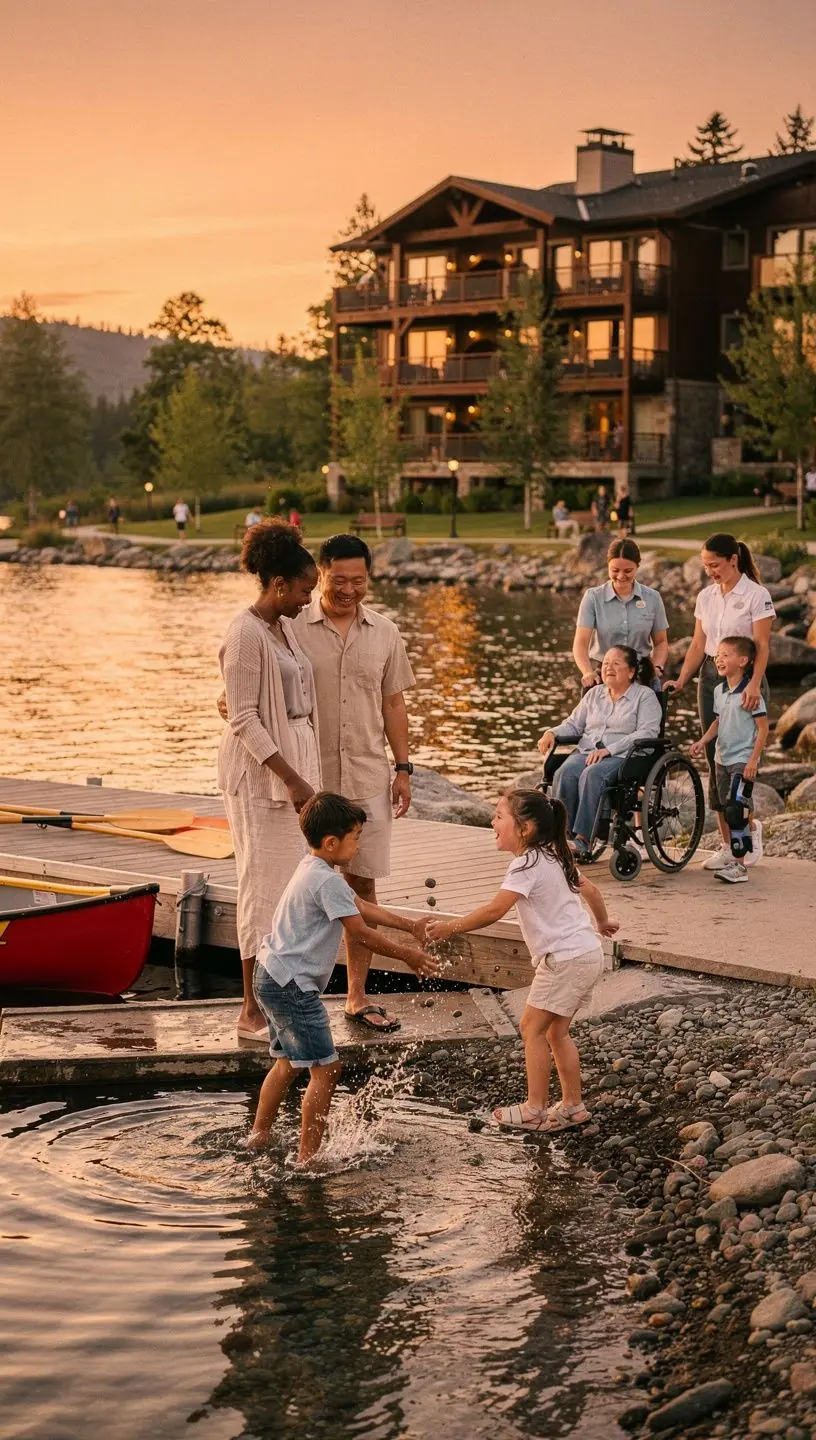 Widok na rodzinę korzystającą z wózka inwalidzkiego na ścieżce turystycznej.