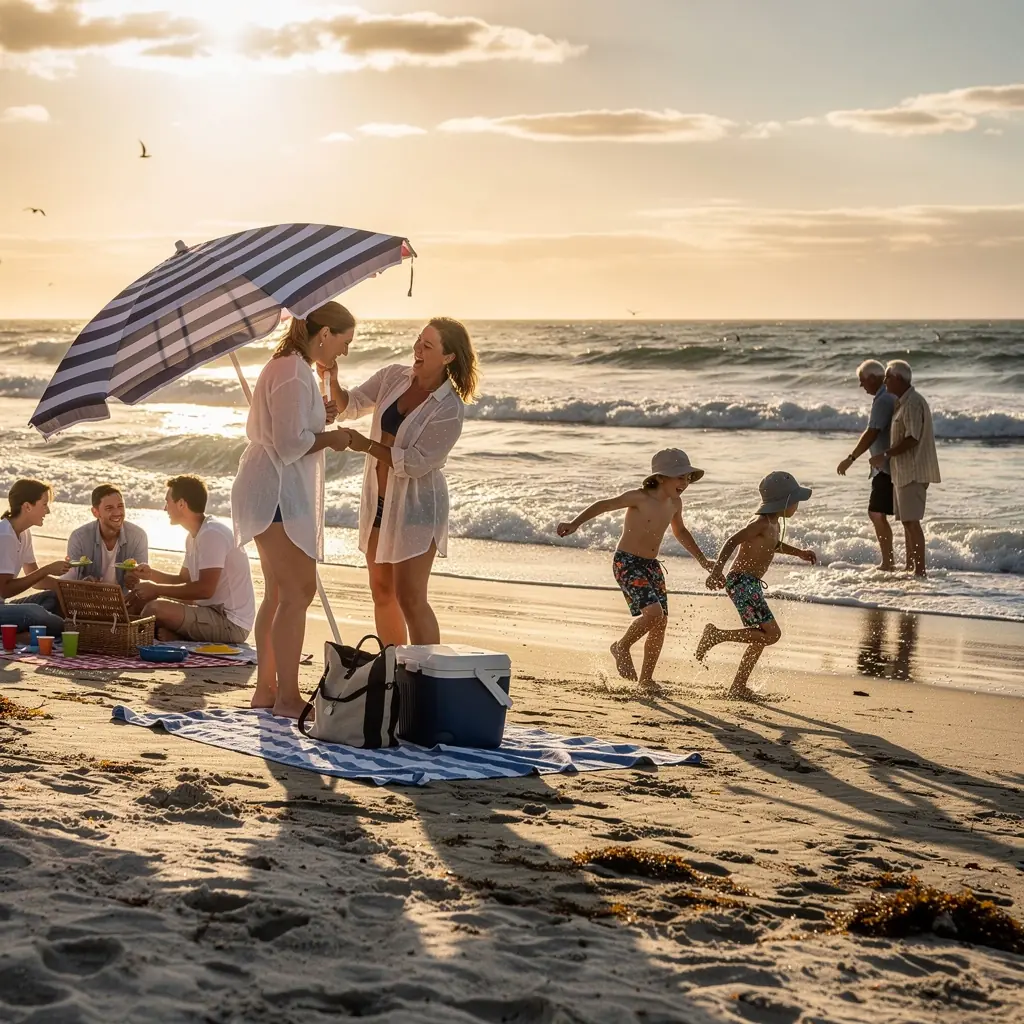 Rodzina odpoczywająca w cieniu na pikniku w parku.