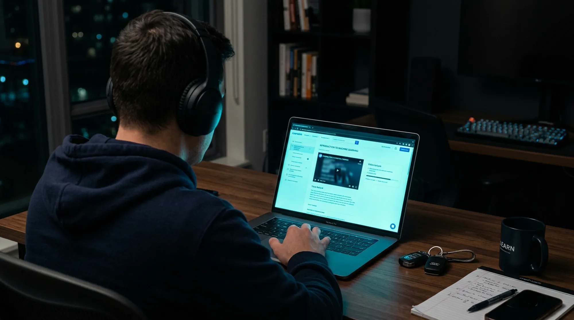 Nauka online na laptopie w domowym środowisku nocnym