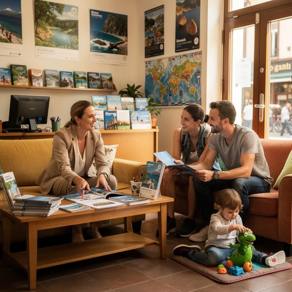 Rodzina z dziećmi planująca wakacje w parku narodowym.