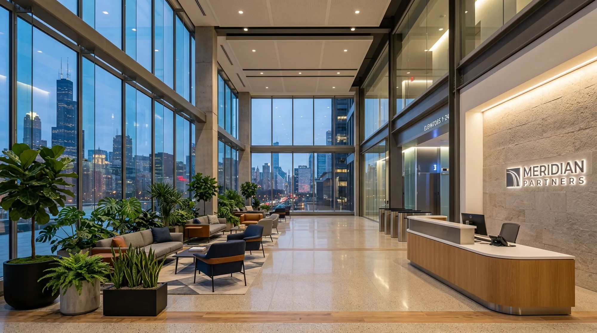 Wnętrze lobby centrum biurowego przy East Randolph w Chicago